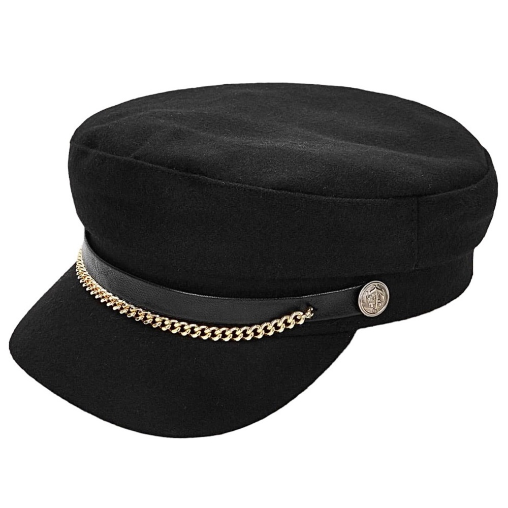 Black Woolen Newsboy Cap With Gold Chain Baker Boy Sailer Hat New in Bag